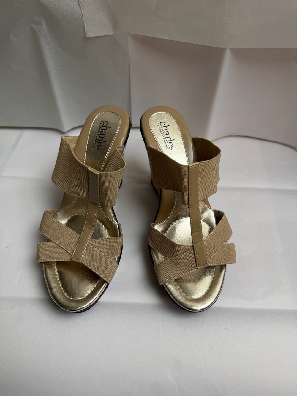 Charles by Charles David Beige Strappy Wedge Mules
